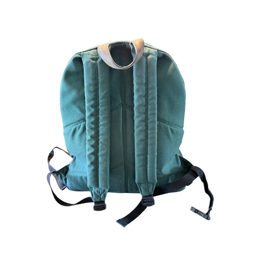 Vintage Eddie Bauer Green Nylon Canvas Backpack Leather Bottom Daypack Bag